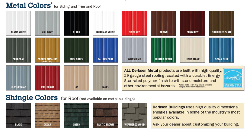 Derksen Portable Buildings Metal and Roofing Color Options